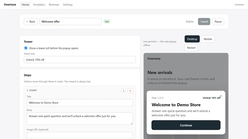 Overture: Story & Quiz Popups