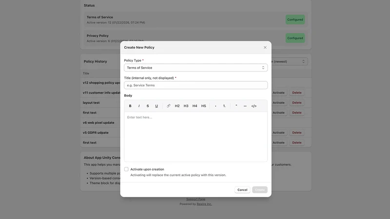 App Unity Policy Consent