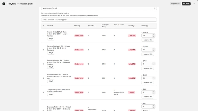 Tallyfold Restock Planner