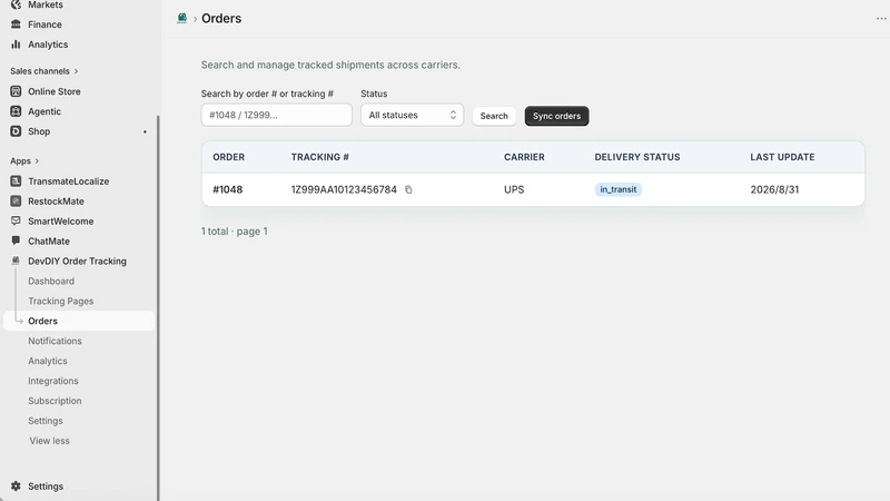 DEVDIY Order Tracking