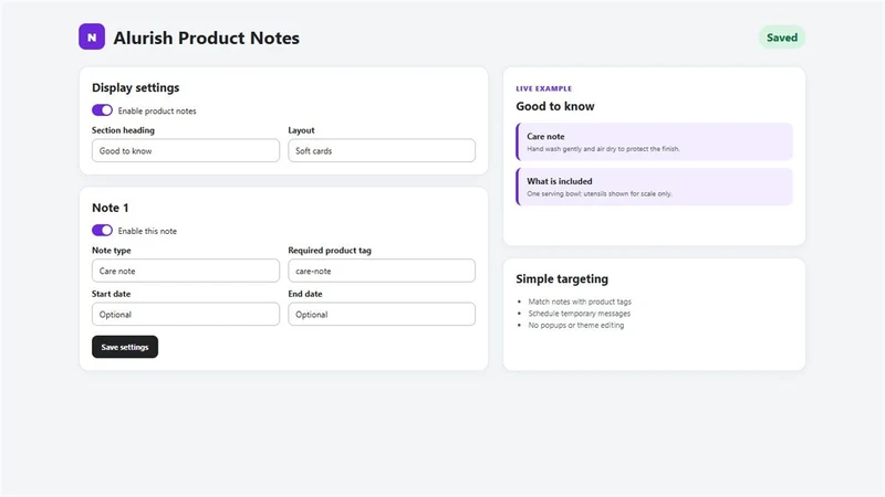 Alurish Product Notes