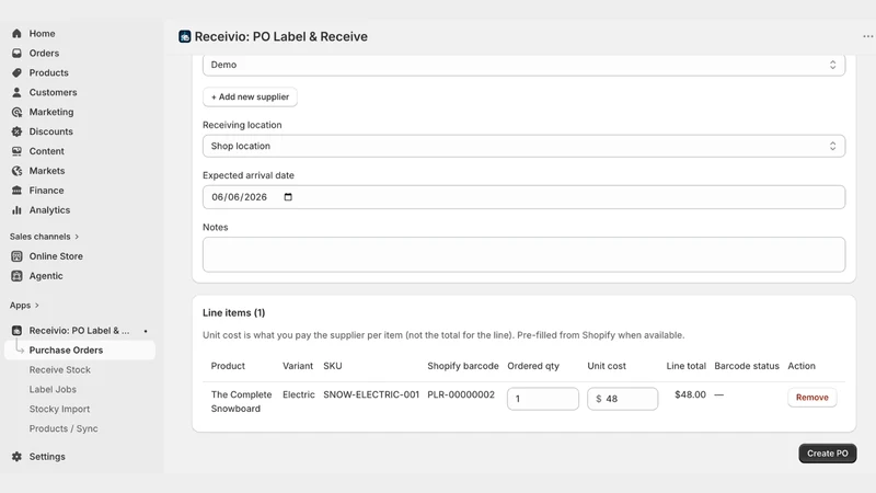 Receivio: PO Label & Receive