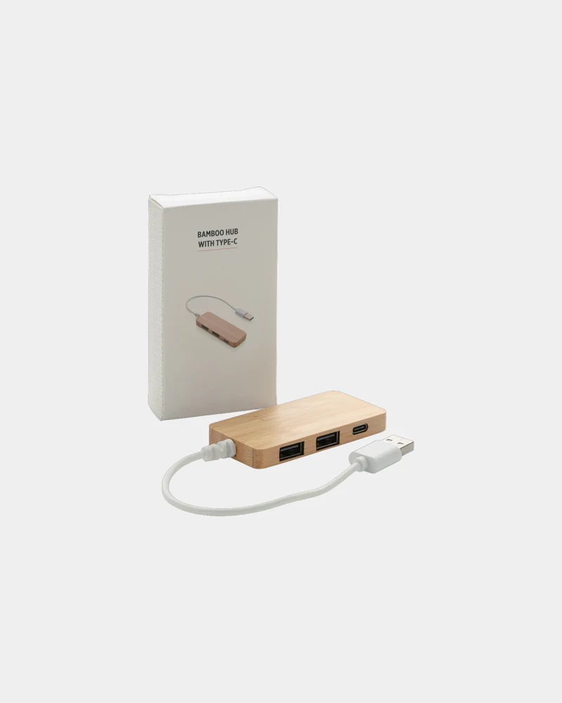 Hub USB bambú con puerto tipo C para personalizar