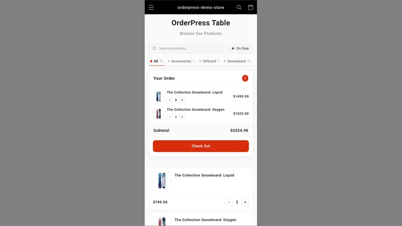 OrderPress Product Table