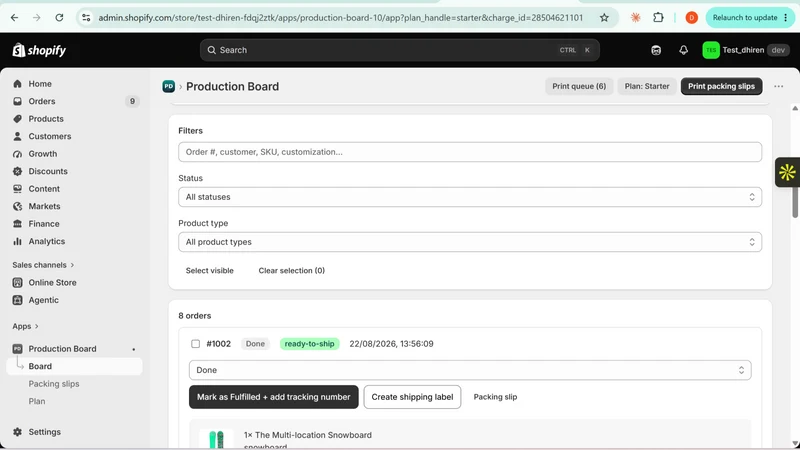 Production Board: Custom Order