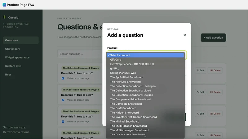 Questio: Product Page FAQ