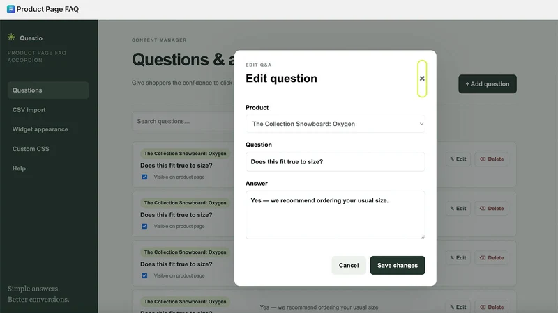 Questio: Product Page FAQ