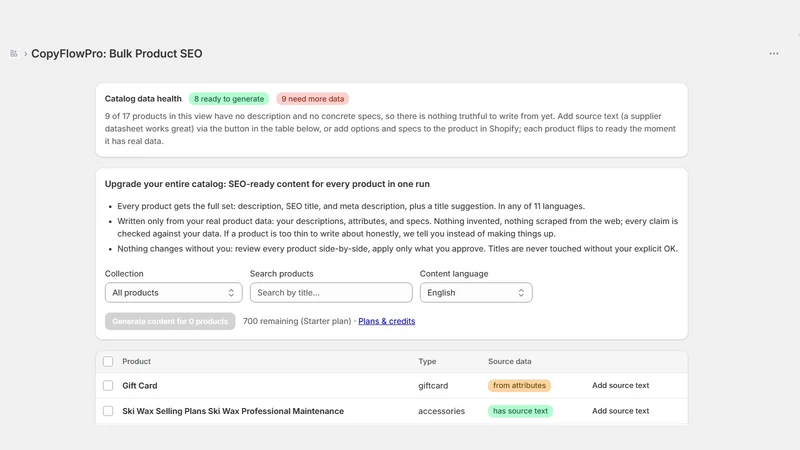 CopyFlowPro: Bulk Product SEO