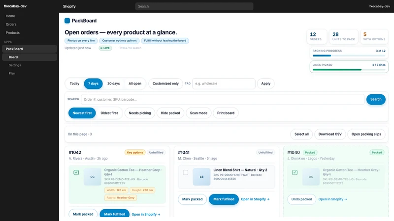 PackBoard: Order Pick View