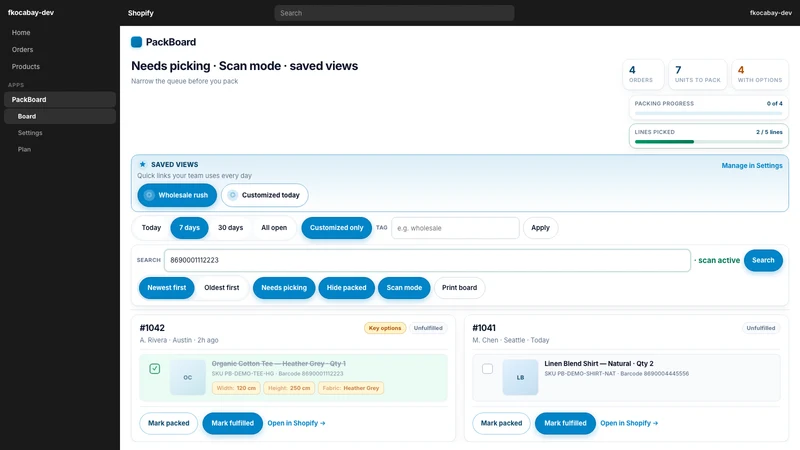 PackBoard: Order Pick View