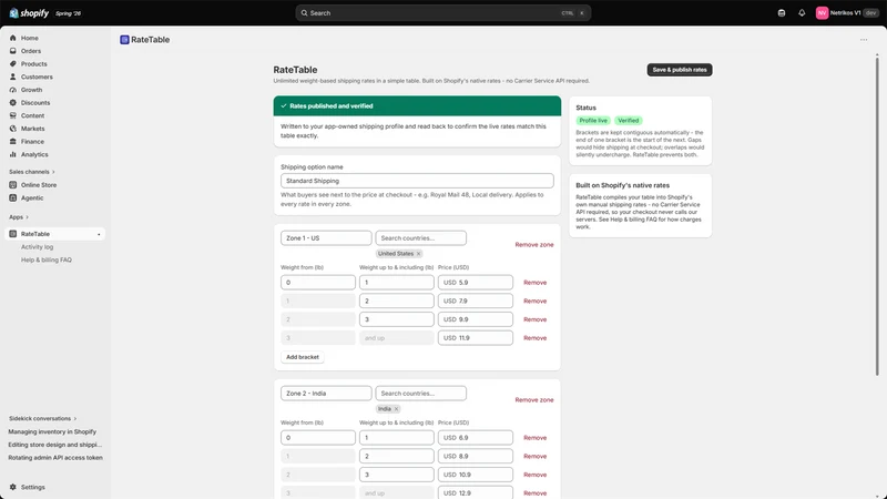 RateTable ‑ Shipping Rates