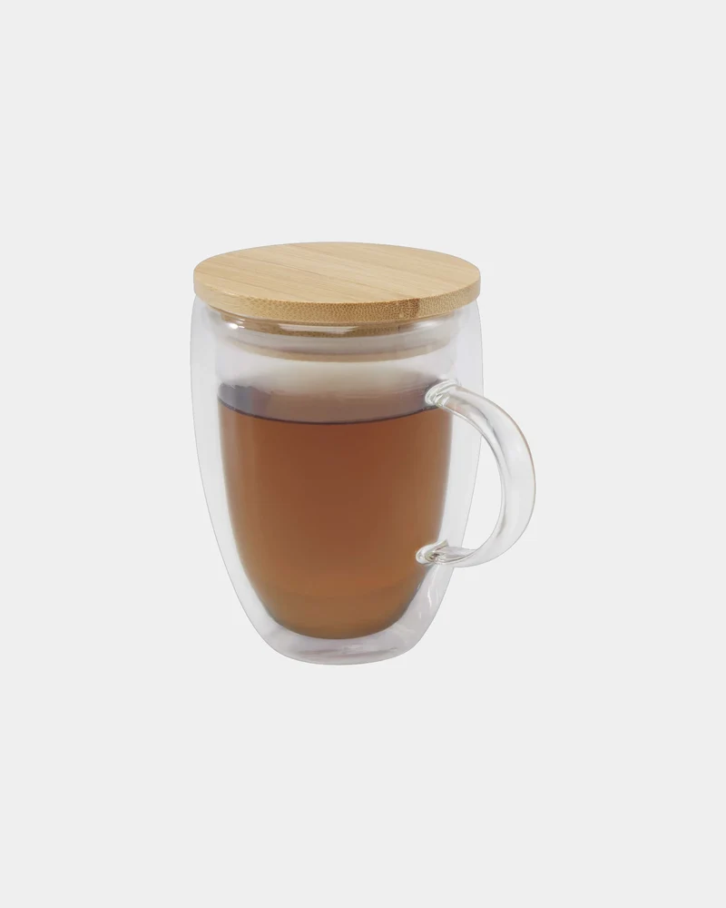 Taza de vidrio 350ml con tapa de bambú para personalizar