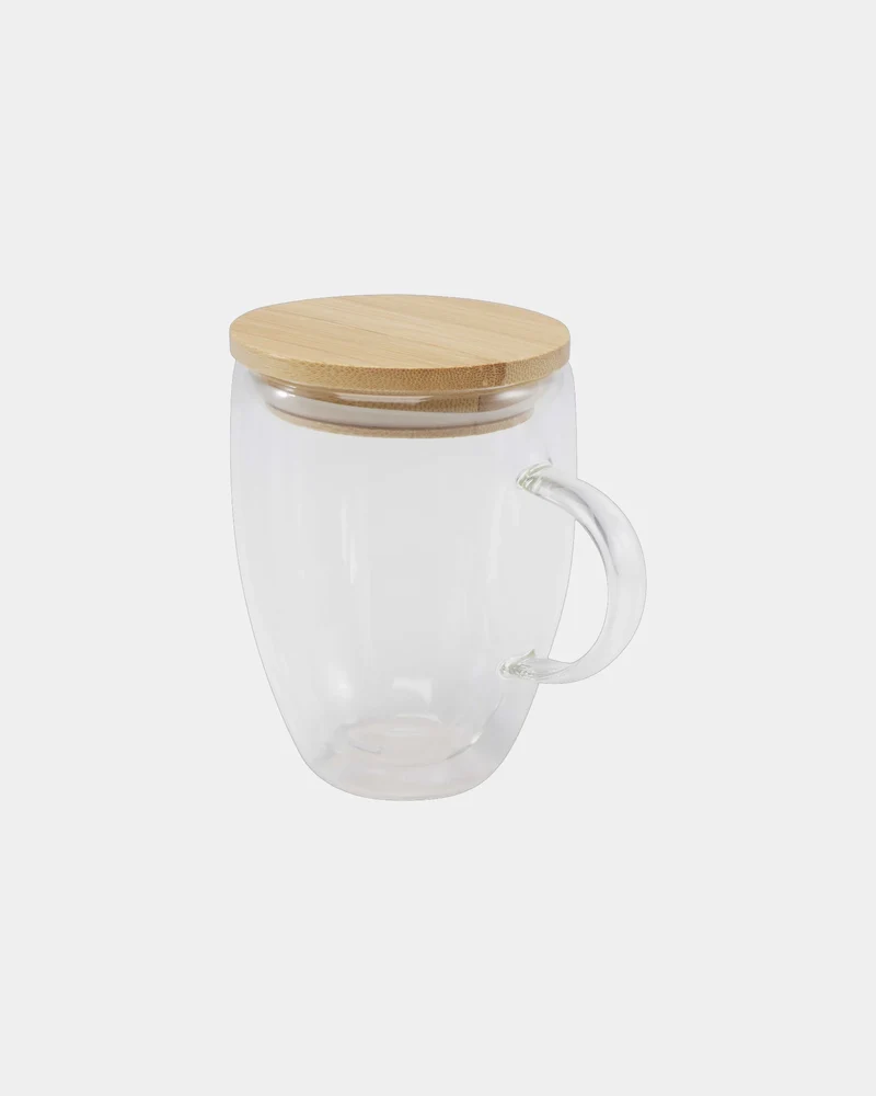Taza de vidrio 350ml con tapa de bambú para personalizar