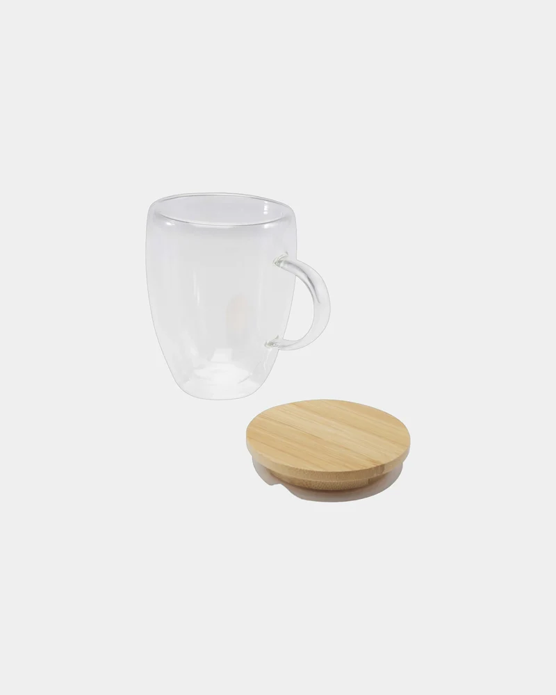 Taza de vidrio 350ml con tapa de bambú para personalizar