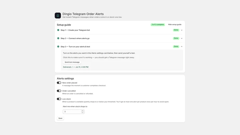 Dingio ‑ Telegram Order Alerts