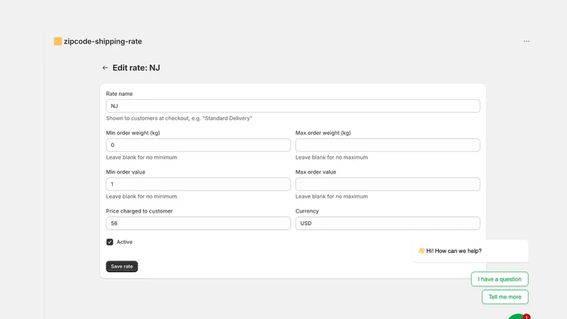 Zipcode Shipping Rate