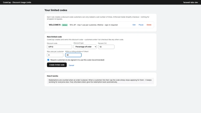 CodeCap Discount Limits