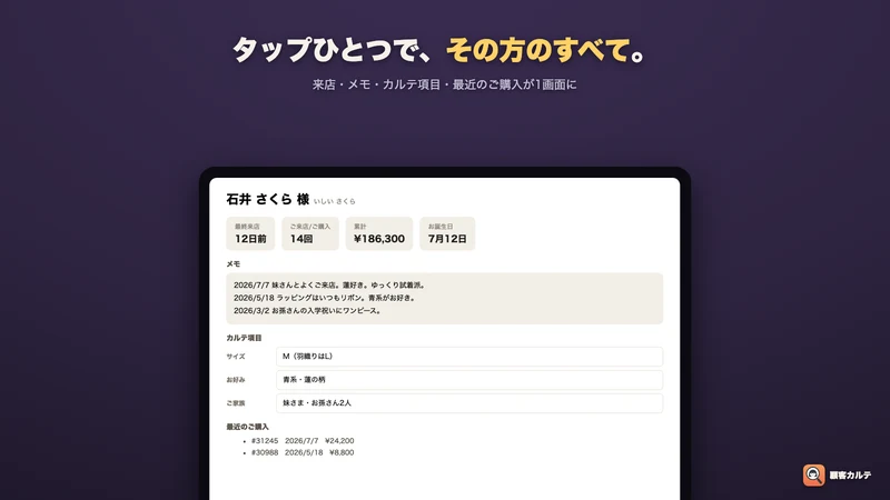 顧客カルテ｜常連メモ・来店・特徴でPOS顧客検索