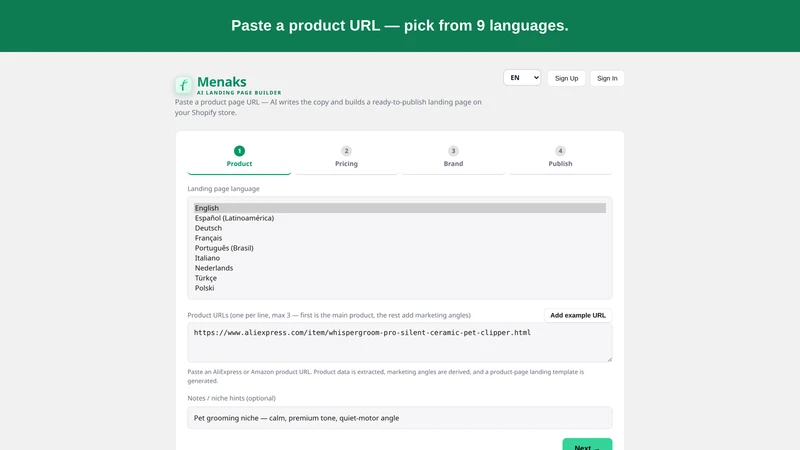 Menaks AI Landing Page Builder