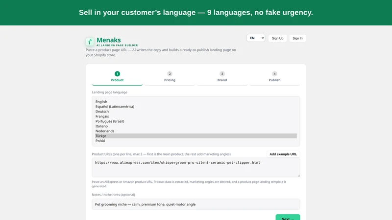 Menaks AI Landing Page Builder
