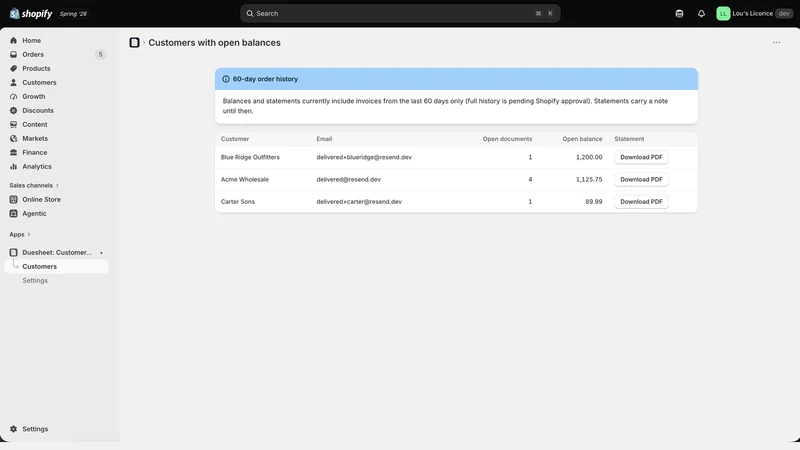 Duesheet: Customer Statements
