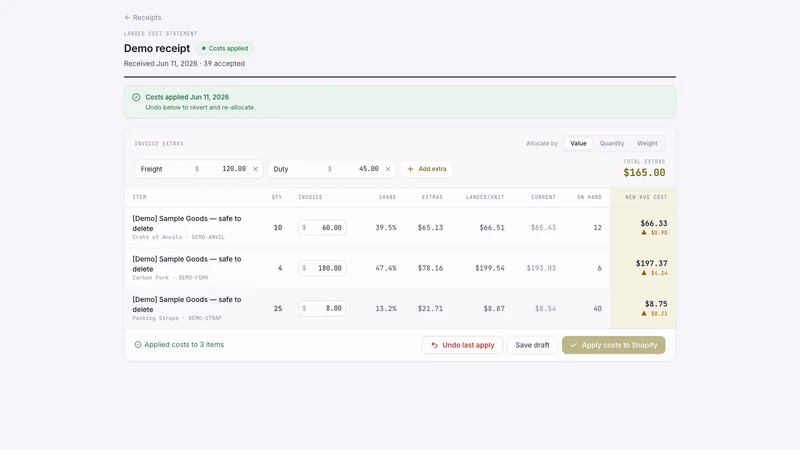 Landed Cost Receiving