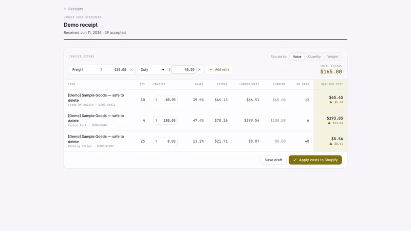 Landed Cost Receiving
