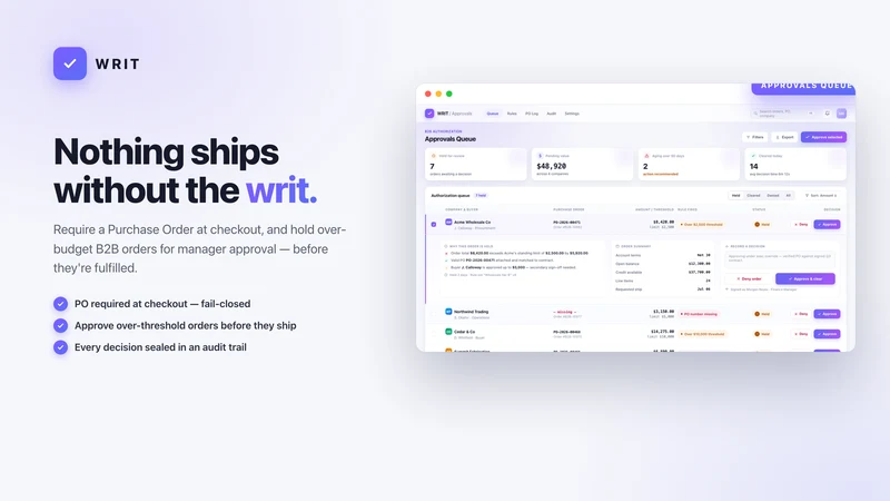WRIT — Approvals & PO for B2B