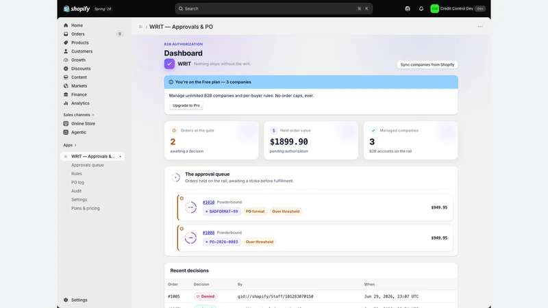 WRIT — Approvals & PO for B2B