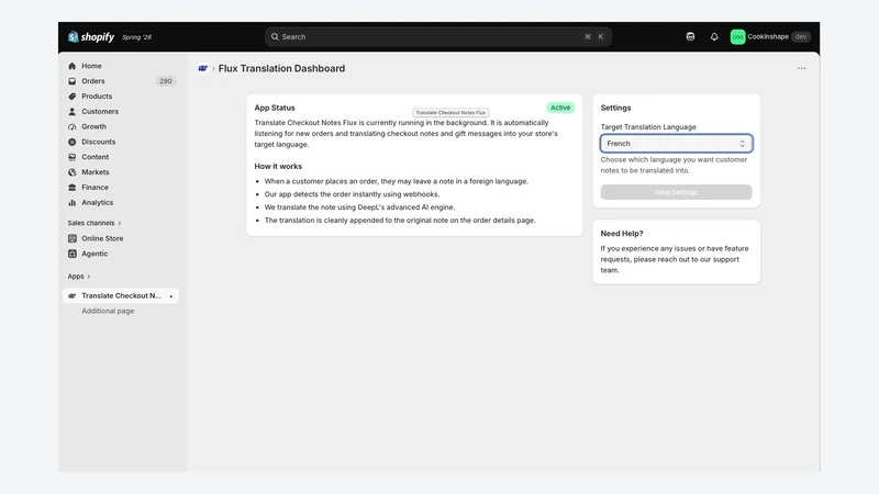 Translate Checkout Notes Flux