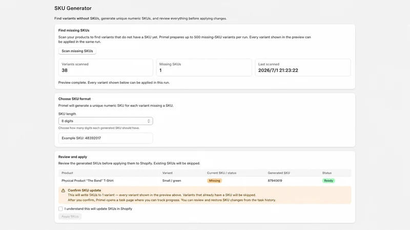 Primel SKU Barcode Generator