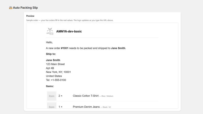 AMNYA: Auto Packing Slip