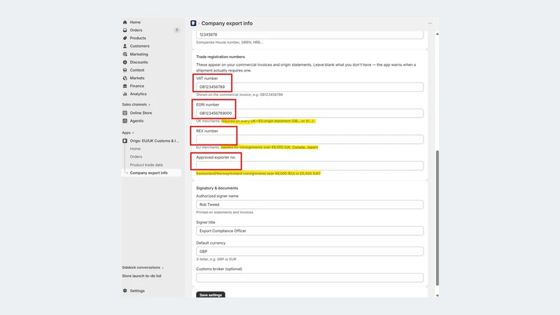 Origo: EU/UK Customs & Invoice