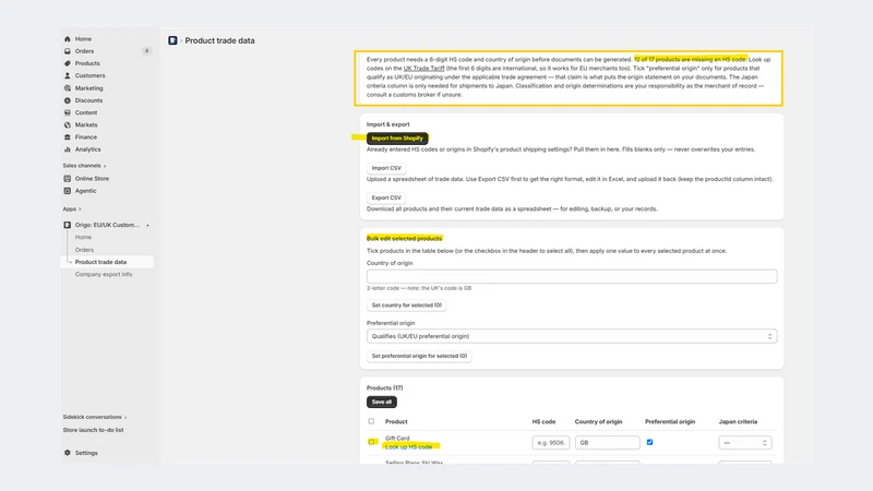 Origo: EU/UK Customs & Invoice