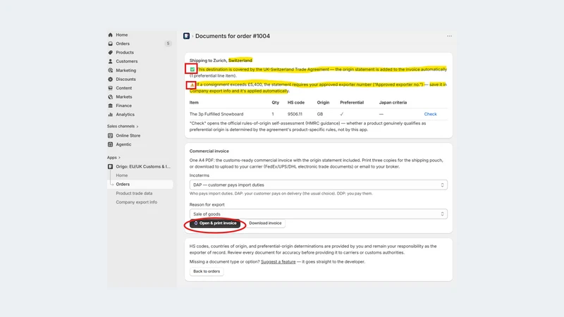 Origo: EU/UK Customs & Invoice