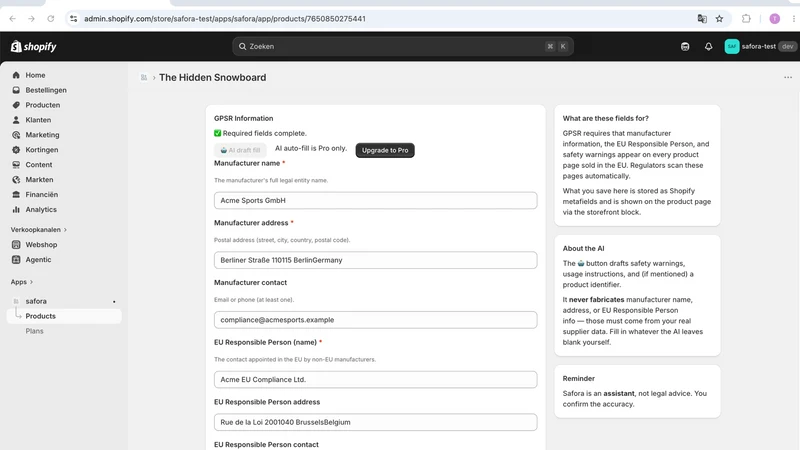 Safora ‑ GPSR Compliance AI