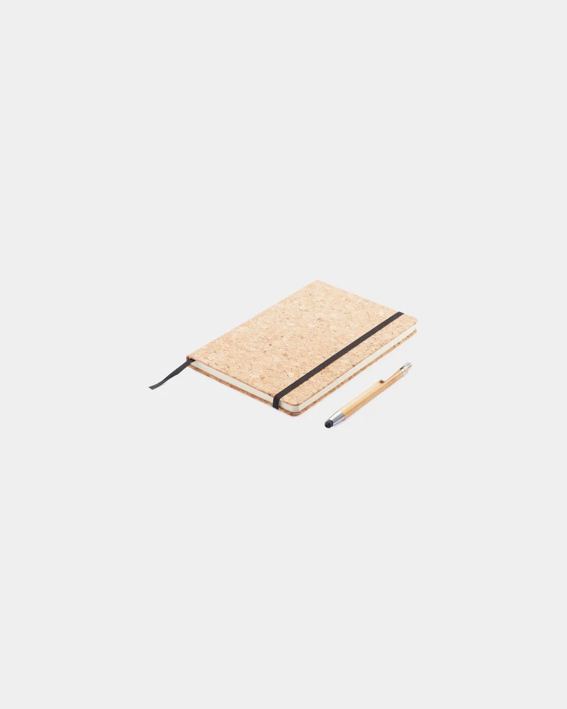 Libreta de corcho con bolígrafo bambú A5 para personalizar