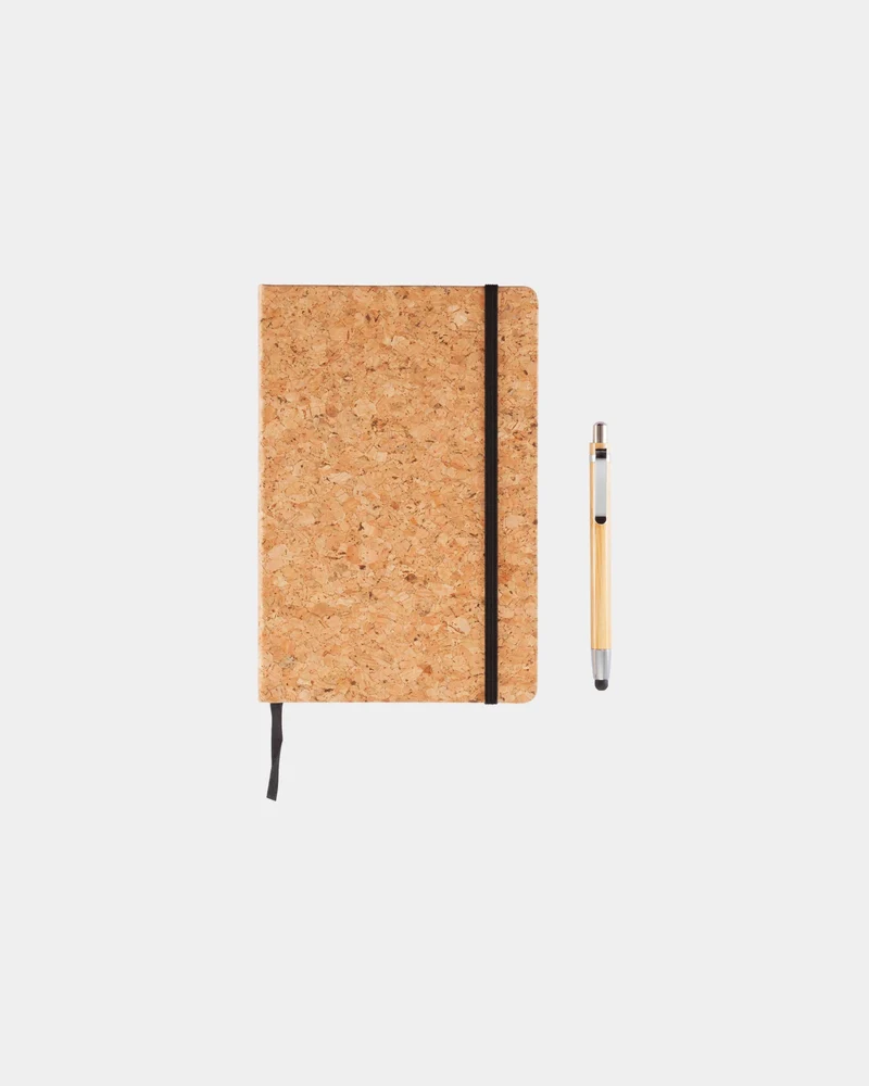 Libreta de corcho con bolígrafo bambú A5 para personalizar