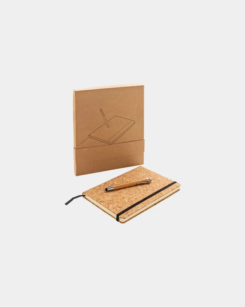 Libreta de corcho con bolígrafo bambú A5 para personalizar