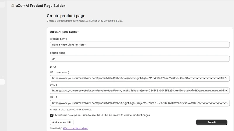 eComAI Product Page Builder