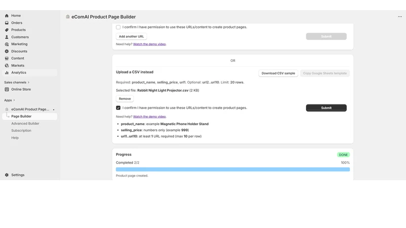 eComAI Product Page Builder