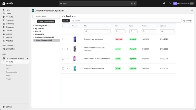 Decode Products Organizer
