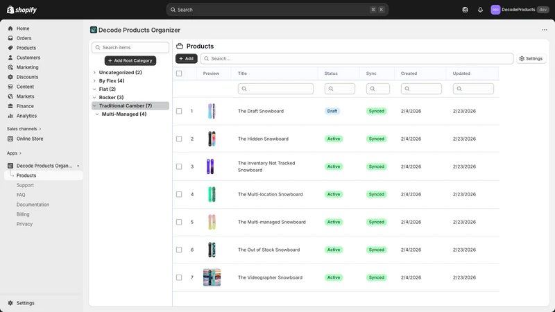 Decode Products Organizer
