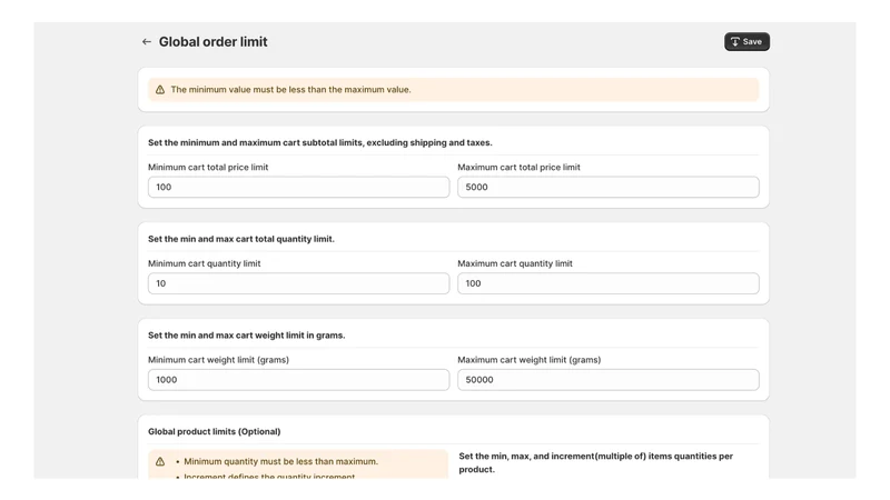 Order Limits & MOQ ‑ WS