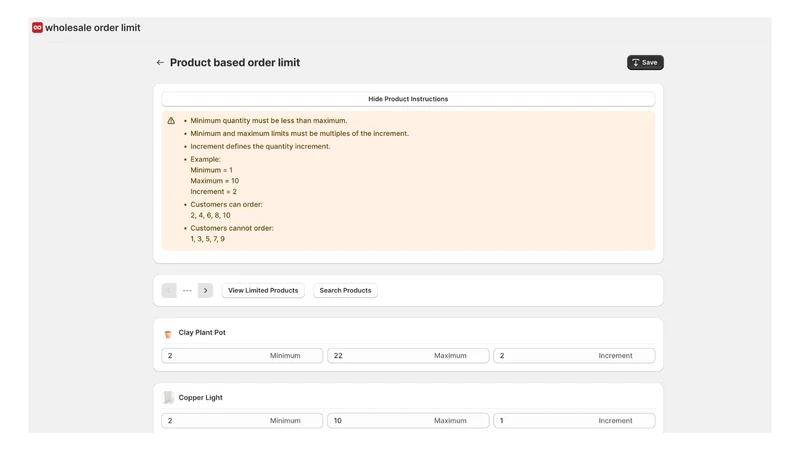 Order Limits & MOQ ‑ WS
