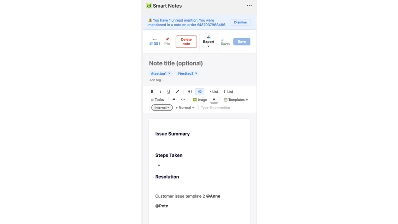Smart Notes: Team Order Notes