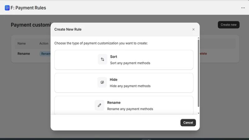 F: Hide & Reorder Payment Rule