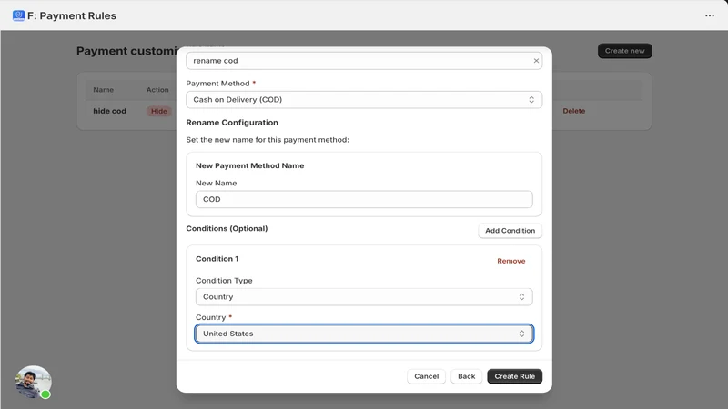 F: Hide & Reorder Payment Rule