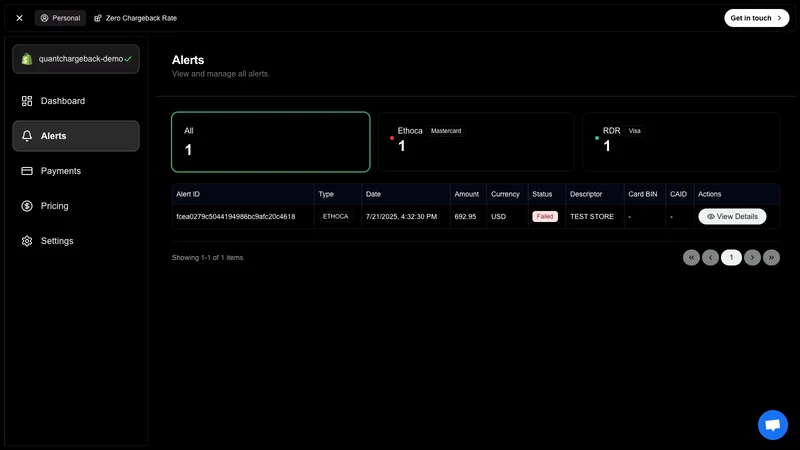 Quantum Chargeback Alerts