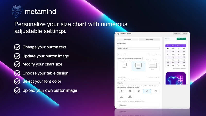 MetaMind Size Chart